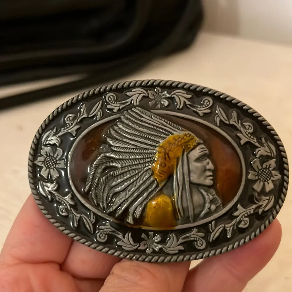 Pewter enameled Native American belt buckle 3.5” x 2.5”